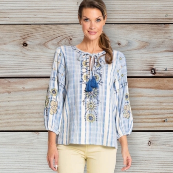 new EMBROIDERED Tassel TIE NECK PEASANT TOP blue/cream stripe Boho NWT Sz S - Picture 6 of 8